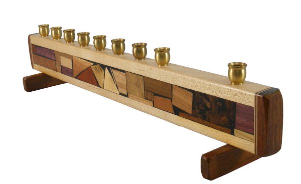 Mosaic Strip Hanukkah Menorah - Wooden Judaica - Hanukah Gift - MEN-S-O-O