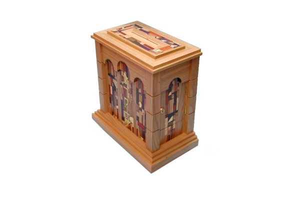 Wall Mounted Synagogue Sized Tzedakah Box - Temple Style - Synagogue Judaica - Top & Side View-Cherry