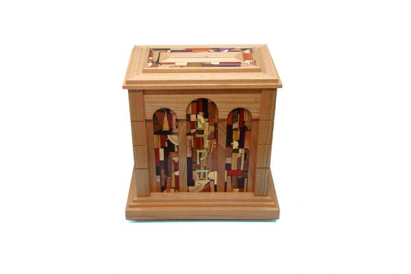 Wall Mounted Synagogue Sized Tzedakah Box-Temple Style-Synagogue Judaica-Top & Front View-Cherry