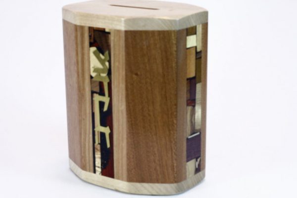 4 Paneled Wooden Tzedakah Box #1 - Housewarming Gift - Jewish Gift - Side View - Cherry /Maple