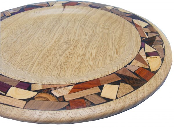 Wood & Mosaic Shabbat Bread Serving Plate-Challah Tray-Bread Server-African walnut wood w/ wide mosaic borderTRAY-M-O-AF
