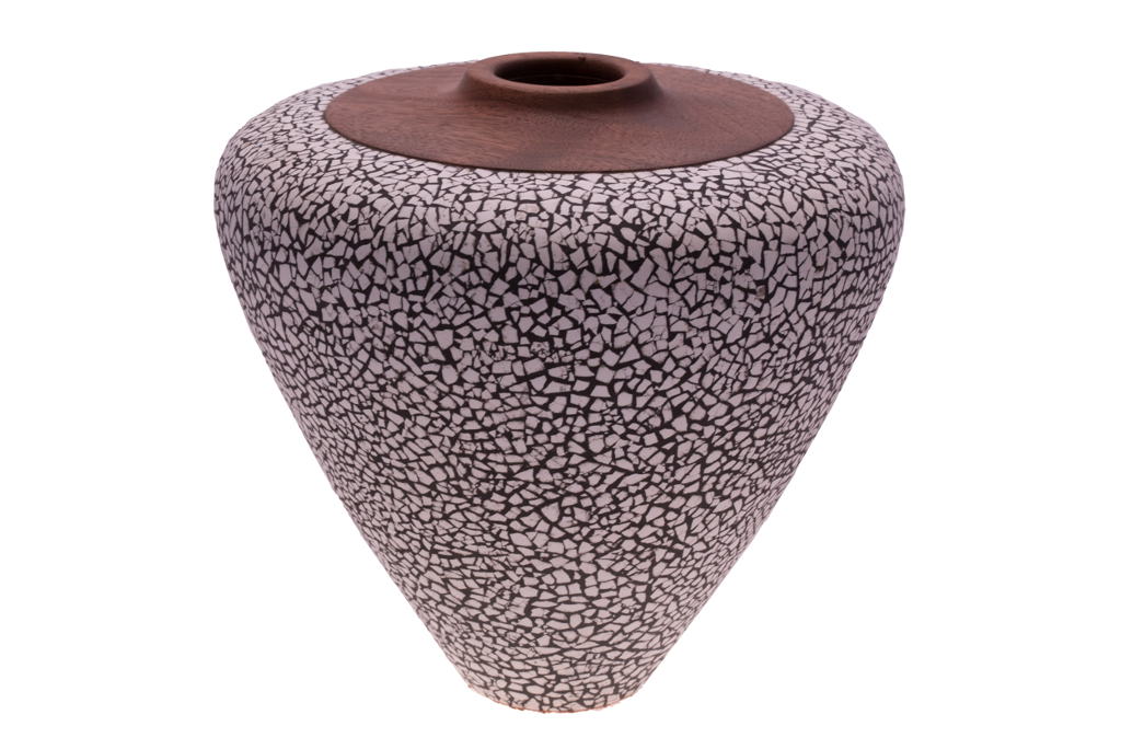 Wooden Vessel-Ivory Eggshell and Black Gesso Vase