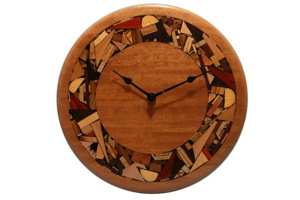 Oversized Modern Wood Clock - w/ hand inlad mosoaic wood border