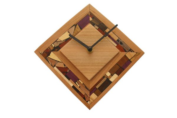 DIamond shaped clock cecorated w/ multi wood mosaics in their natural colors