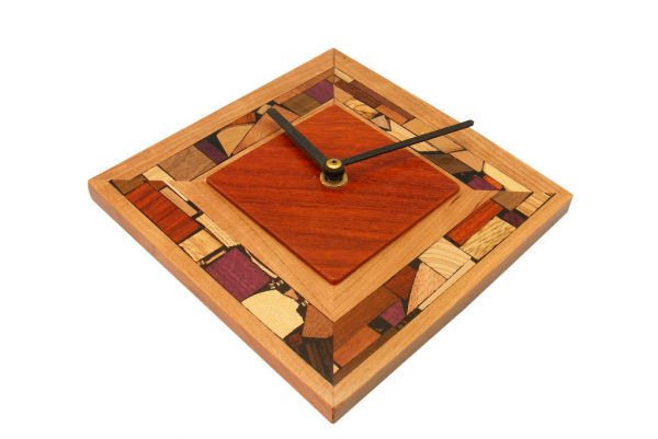 Modern Diamond Shaped Clock - Wood Wall Clock - Wood Home Decor - Paduak & Cherry Woods w/ Wood Mosaics - CLOCK-M-Sq-Paduak