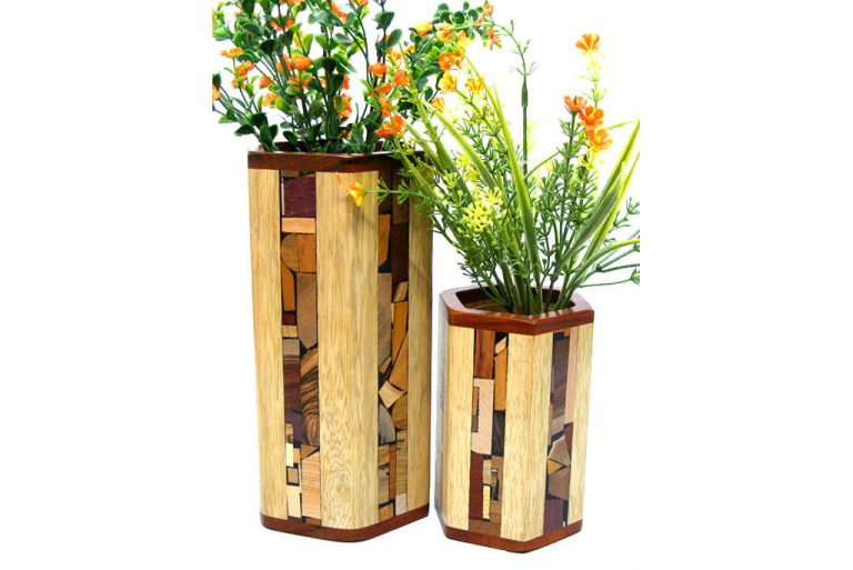 Mosaic Hex Vases w/ Glass LinerDesigner Wooden Flower Vase